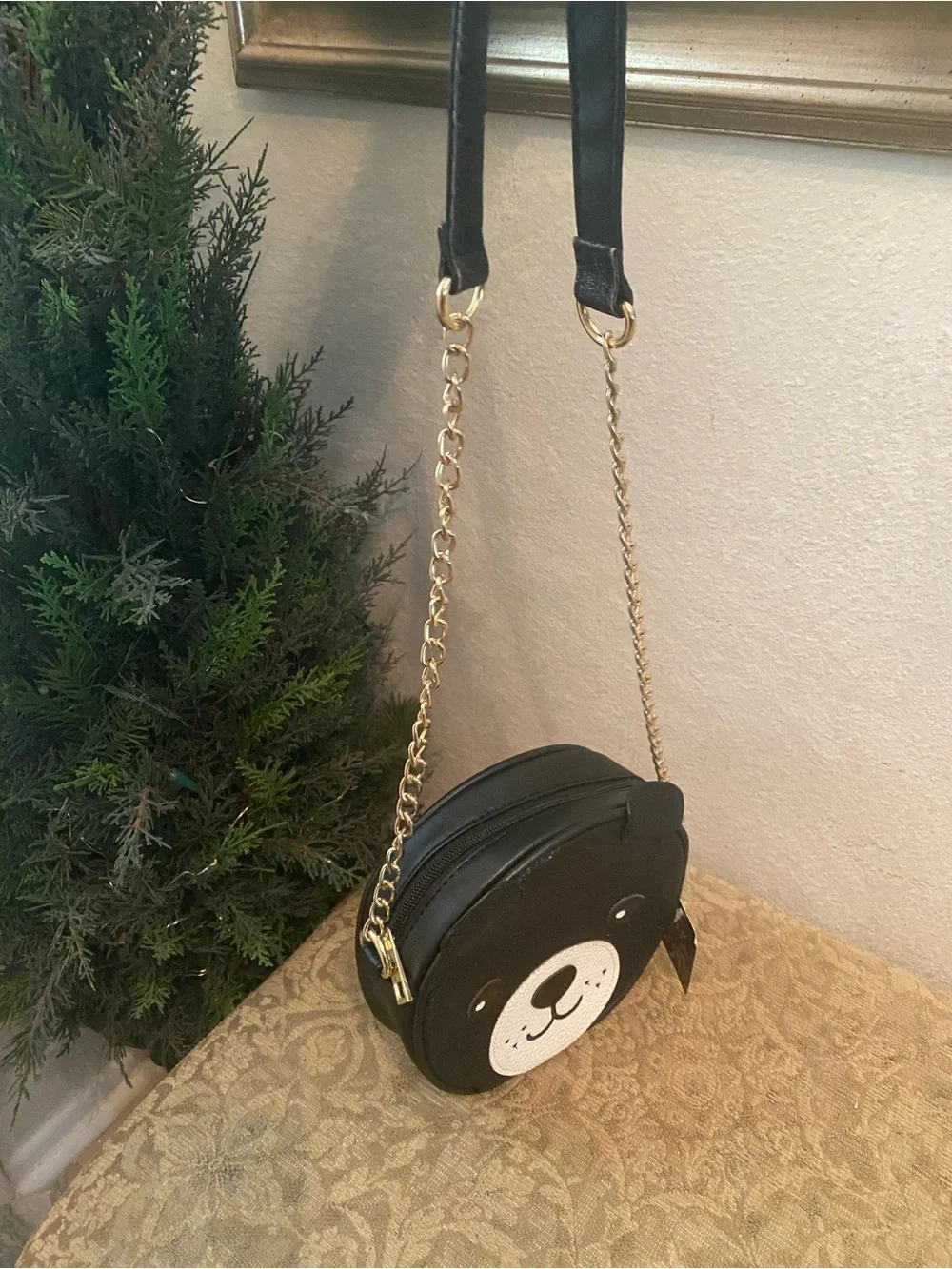 Olivia Miller Black Glitter Bear Crossbody Bag with White Snout NWT